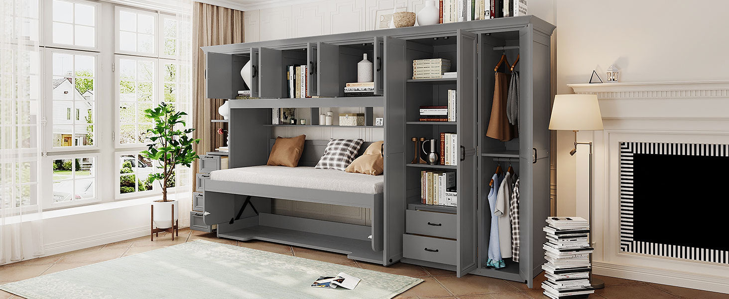 Murphy Bed Wall Bed with Wardrobe, Cabinet and Desk