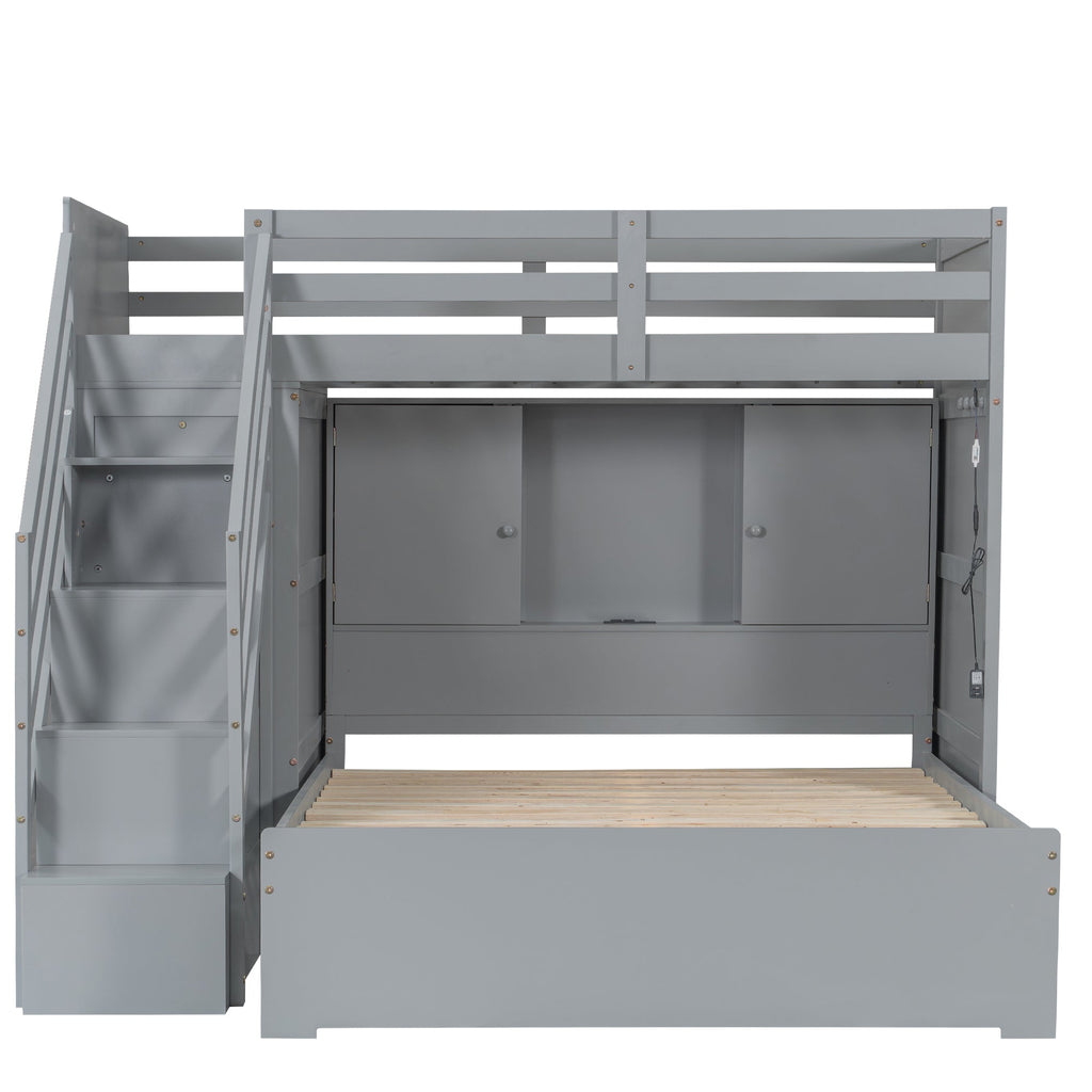 Twin over Full Bunk Bed with Storage Stairs, Wardrobe,USB and Ligh