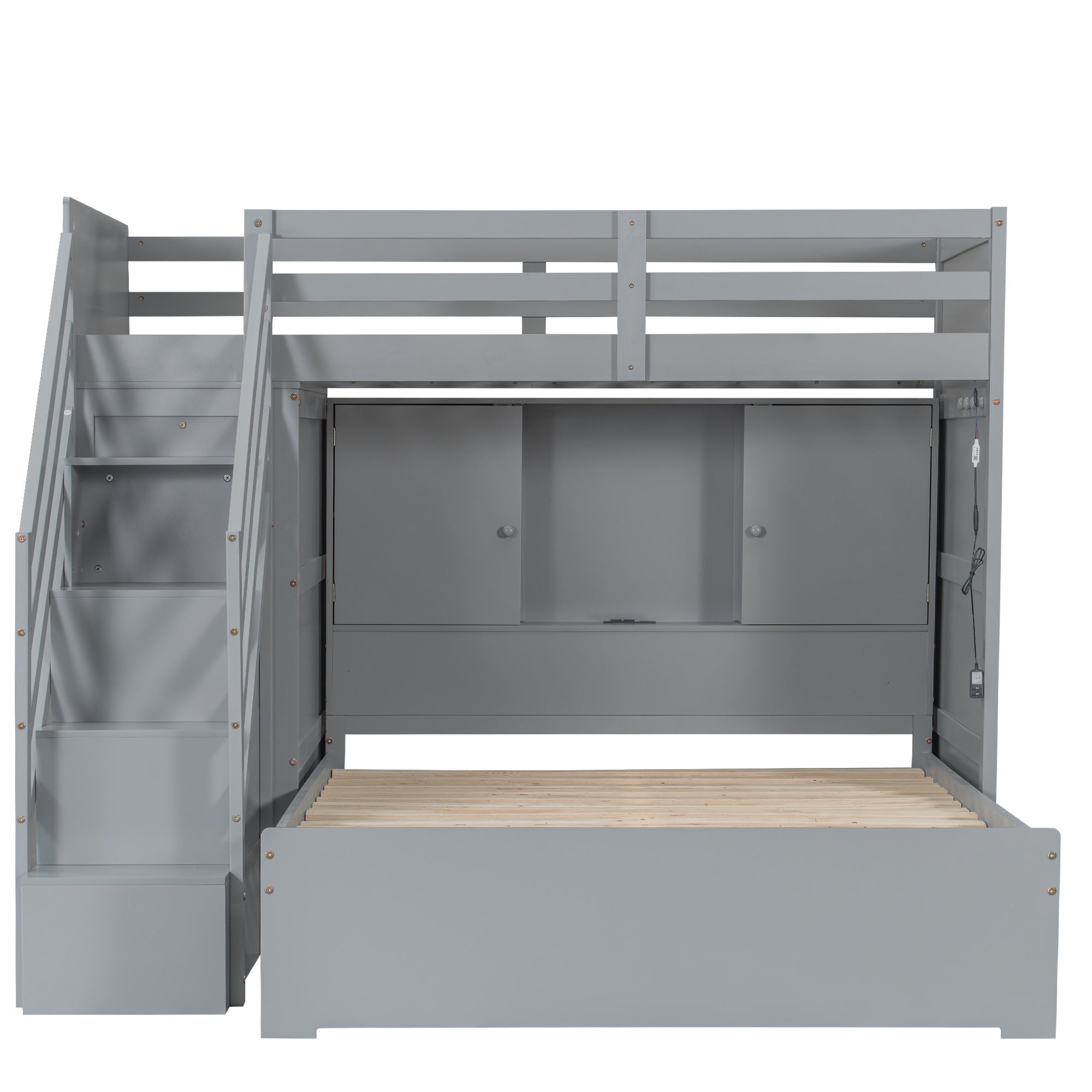 Twin over Full Bunk Bed with Storage Stairs, Wardrobe,USB and Ligh