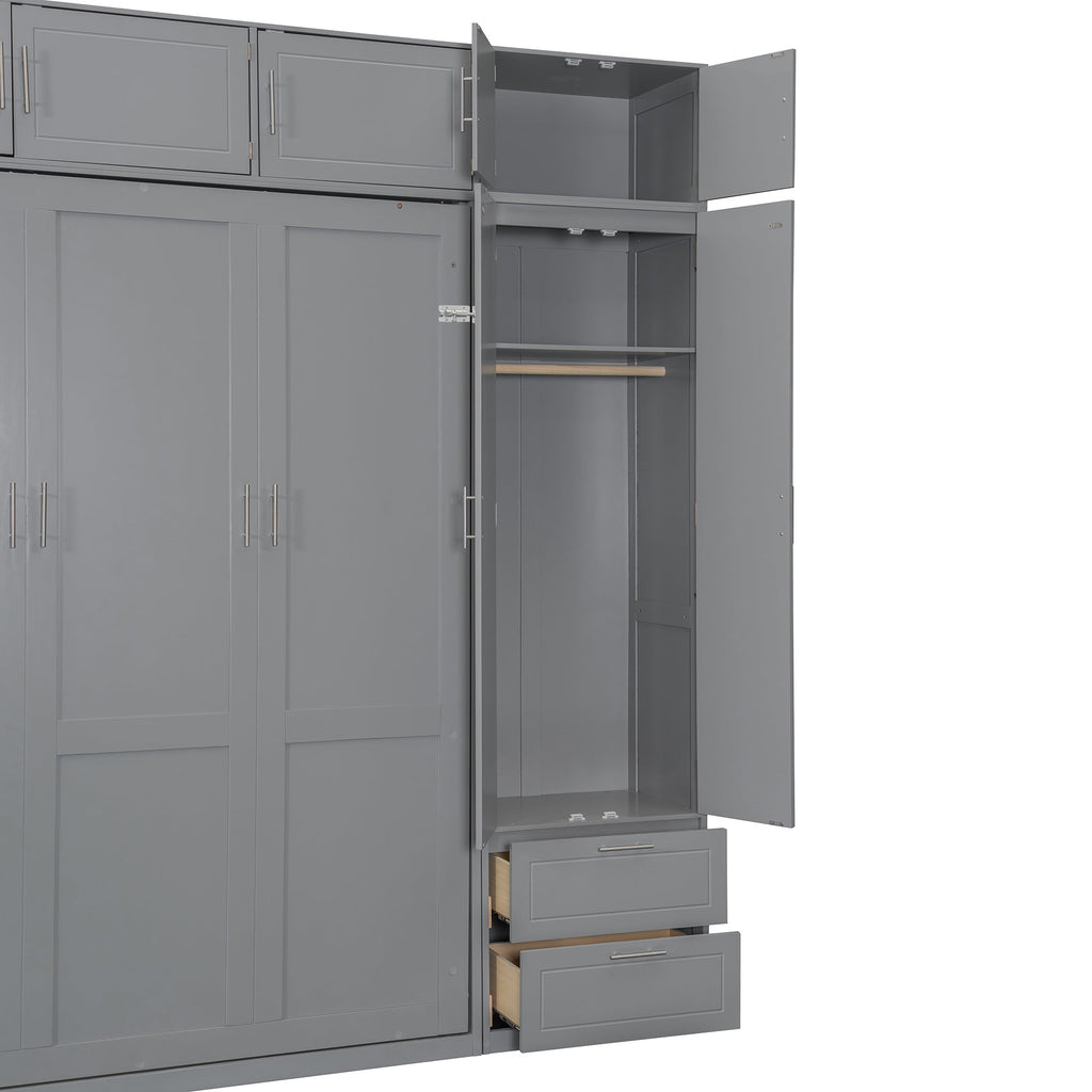 Queen Size Wall Murphy Bed with Top Cabinet, Shelves and Wardrobe,
