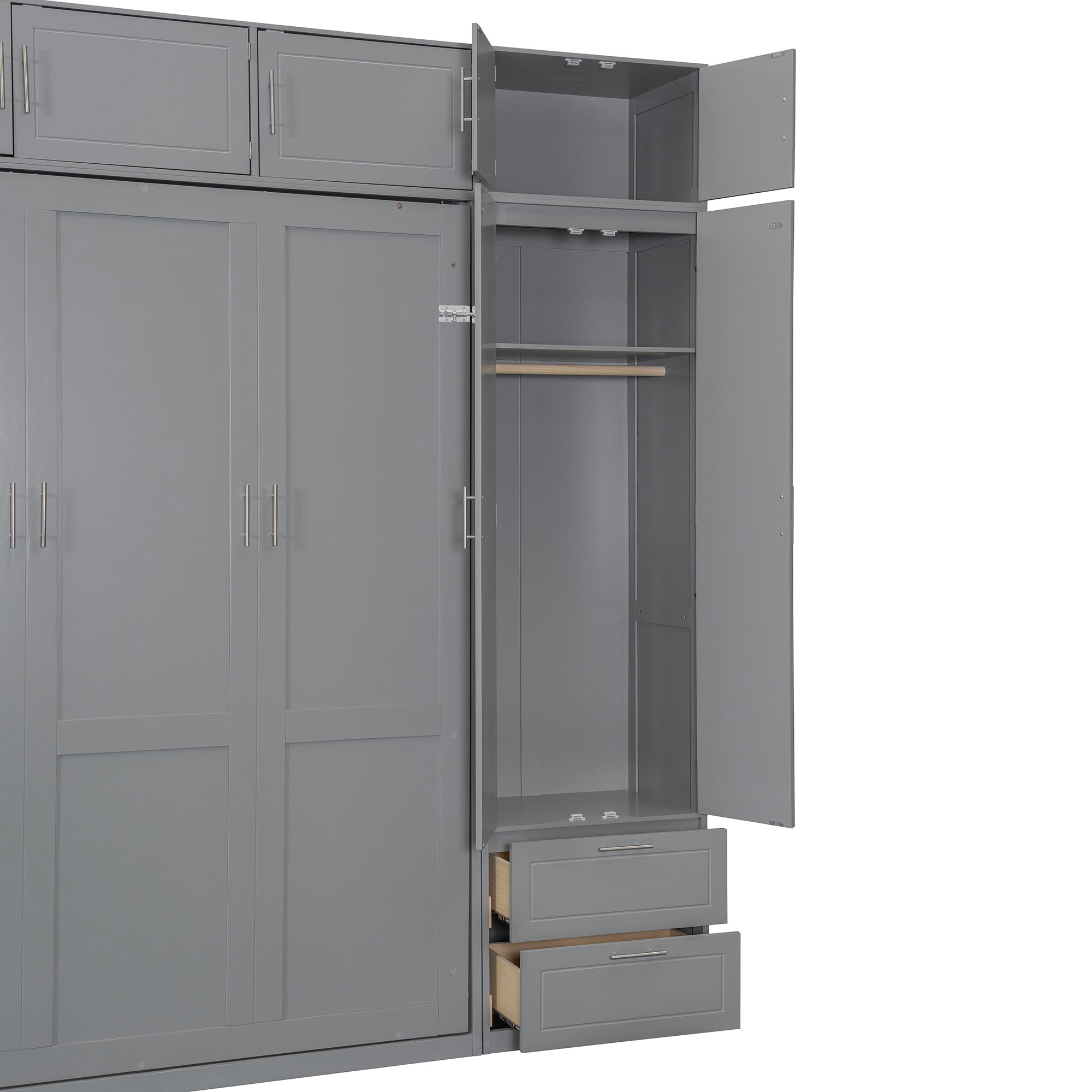 Queen Size Wall Murphy Bed with Top Cabinet, Shelves and Wardrobe,