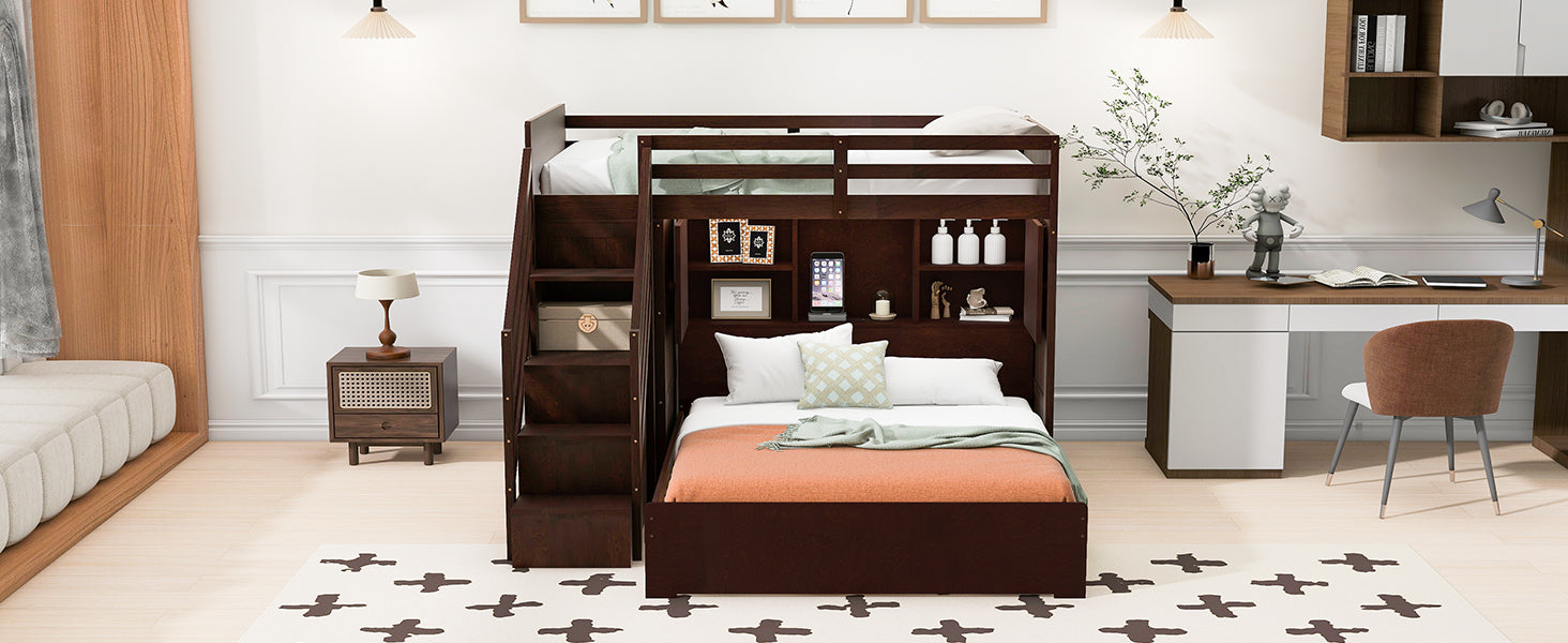 Twin over Full Bunk Bed with Storage Stairs, Wardrobe,USB and Ligh