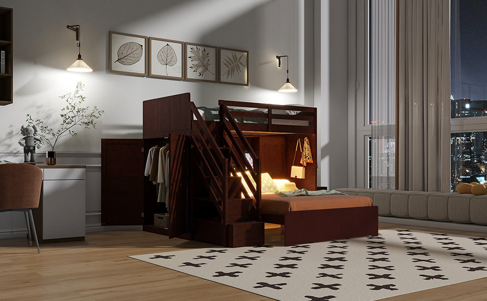 Twin over Full Bunk Bed with Storage Stairs, Wardrobe,USB and Ligh