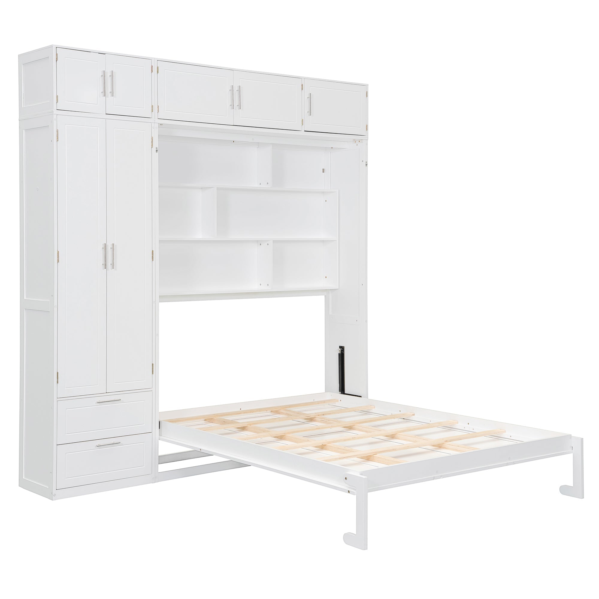 Queen Size Wall Murphy Bed with Top Cabinet, Shelves and Wardrobe,