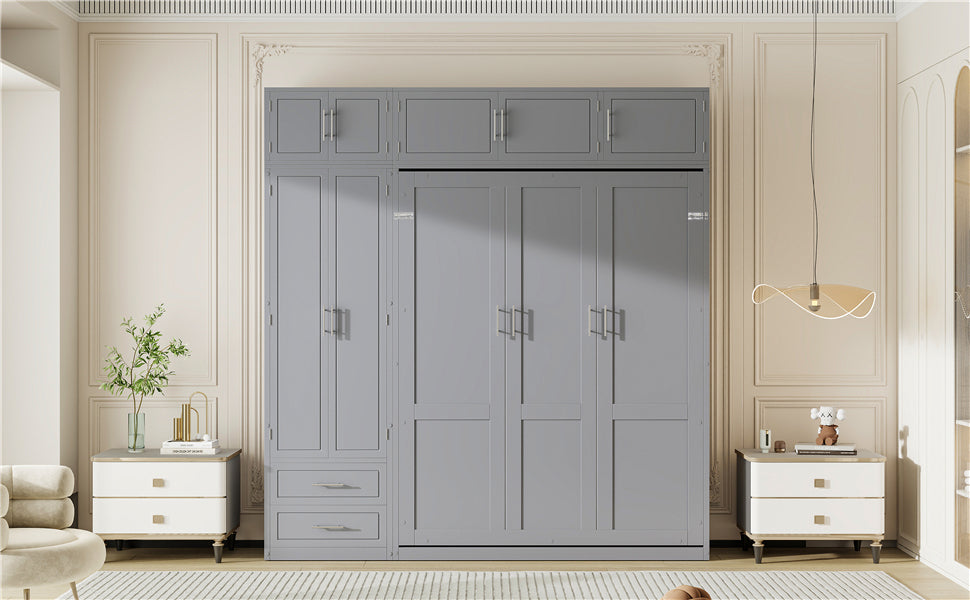 Queen Size Wall Murphy Bed with Top Cabinet, Shelves and Wardrobe,