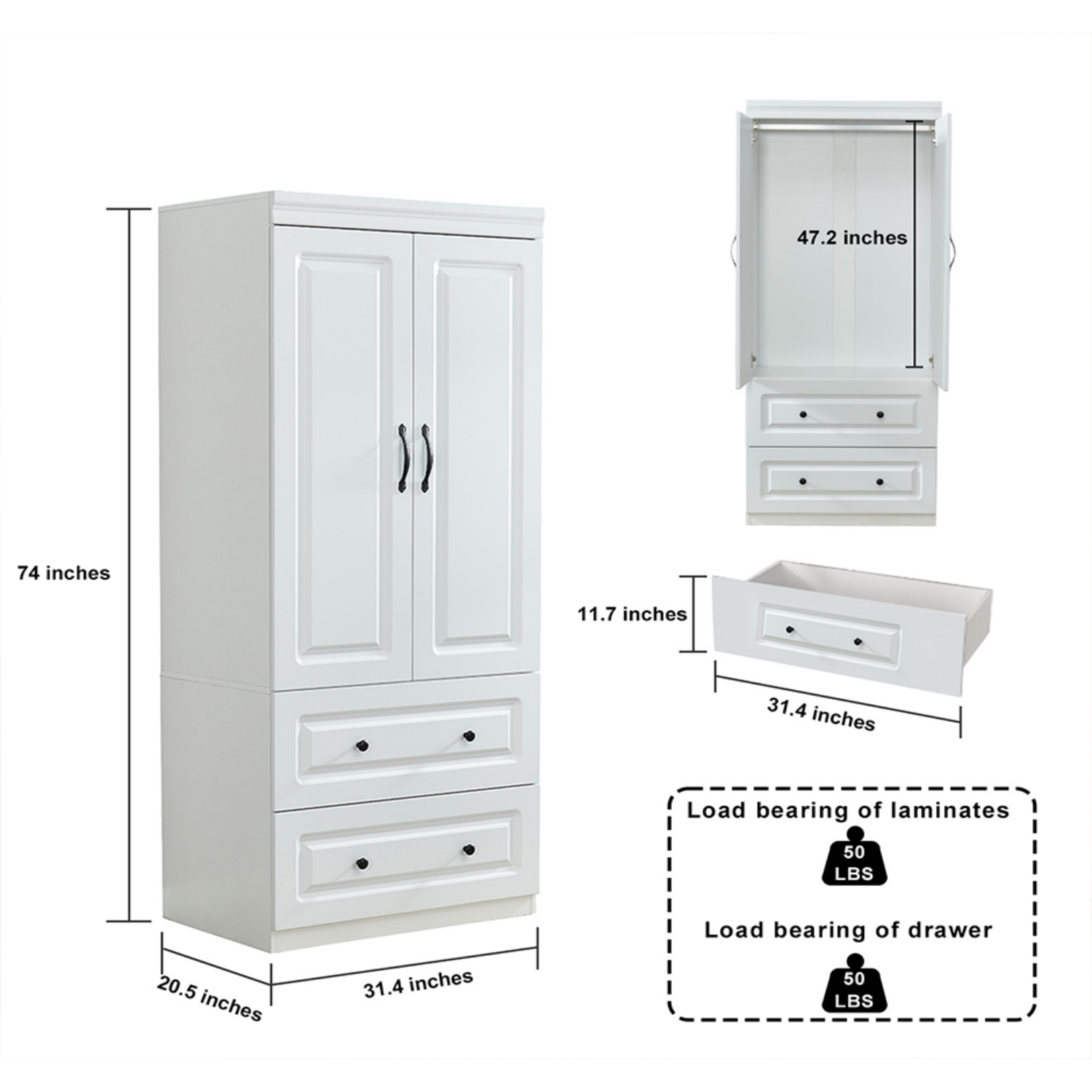 YG-3 Wardrobe Closet with 2 Doors Wood Armoire Cabinet