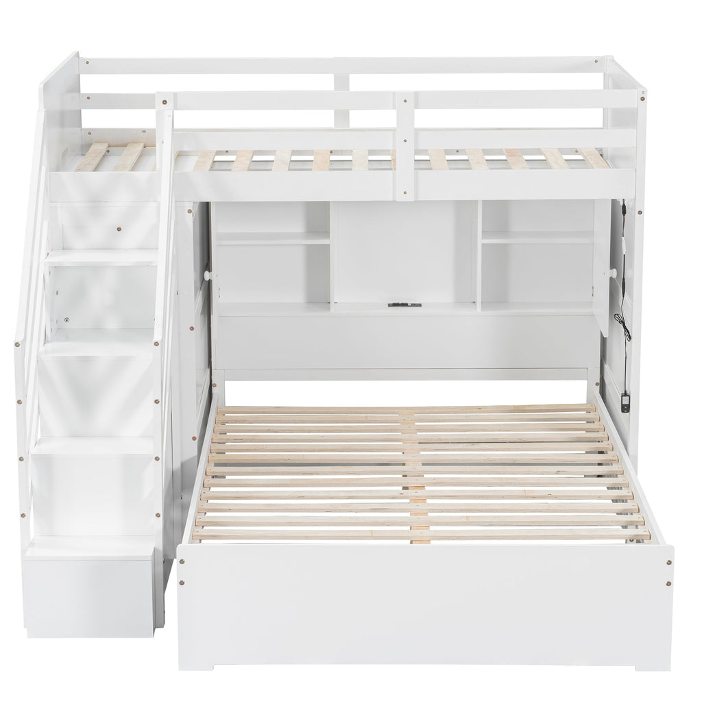 Twin over Full Bunk Bed with Storage Stairs, Wardrobe,USB and Ligh