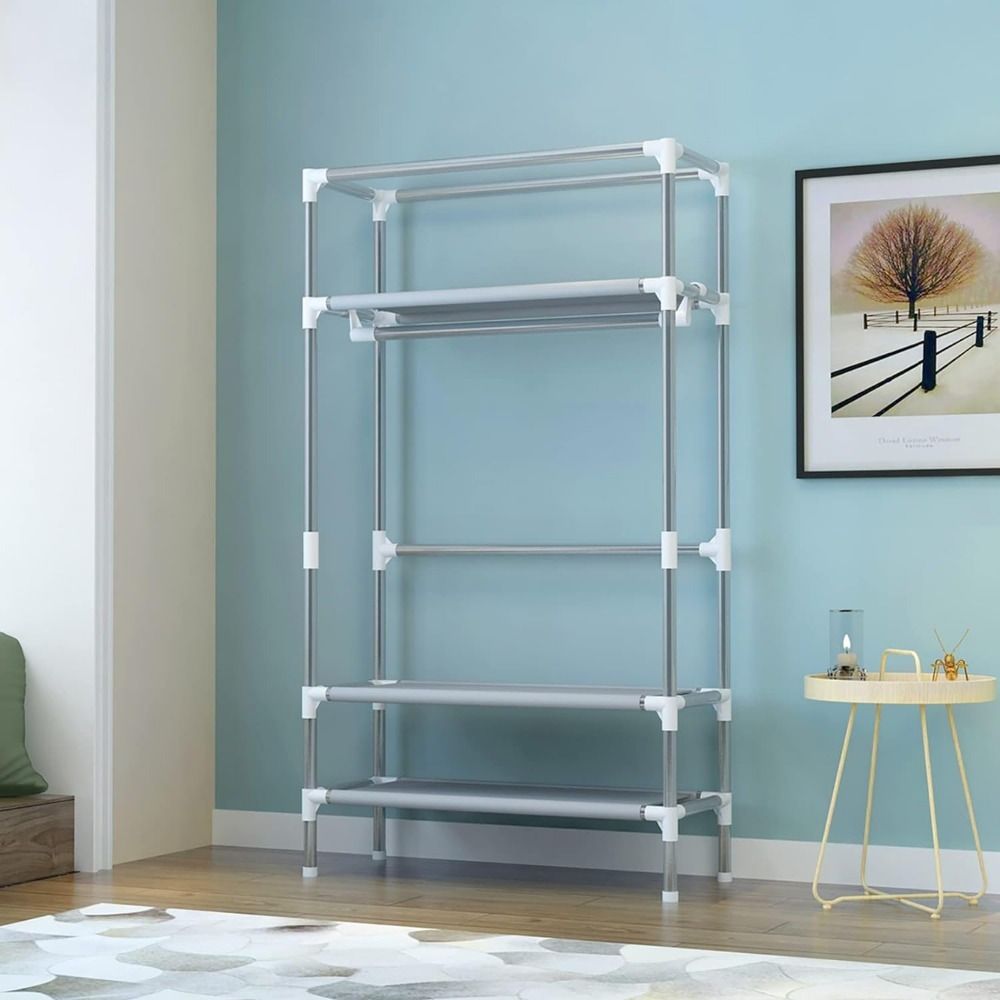 Portable Clothes Closet Rolling Door Wardrobe with Hanging Rack