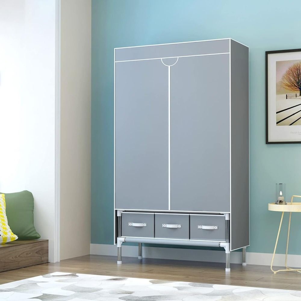 Portable Clothes Closet Rolling Door Wardrobe with Hanging Rack