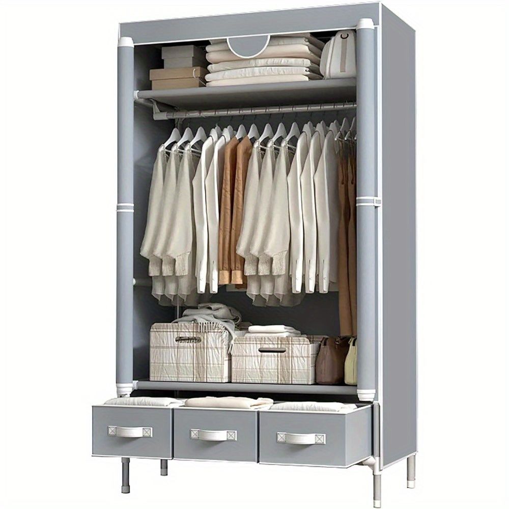 Portable Clothes Closet Rolling Door Wardrobe with Hanging Rack
