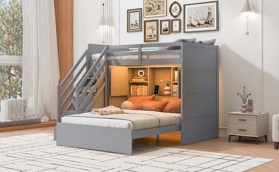 Twin over Full Bunk Bed with Storage Stairs, Wardrobe,USB and Ligh