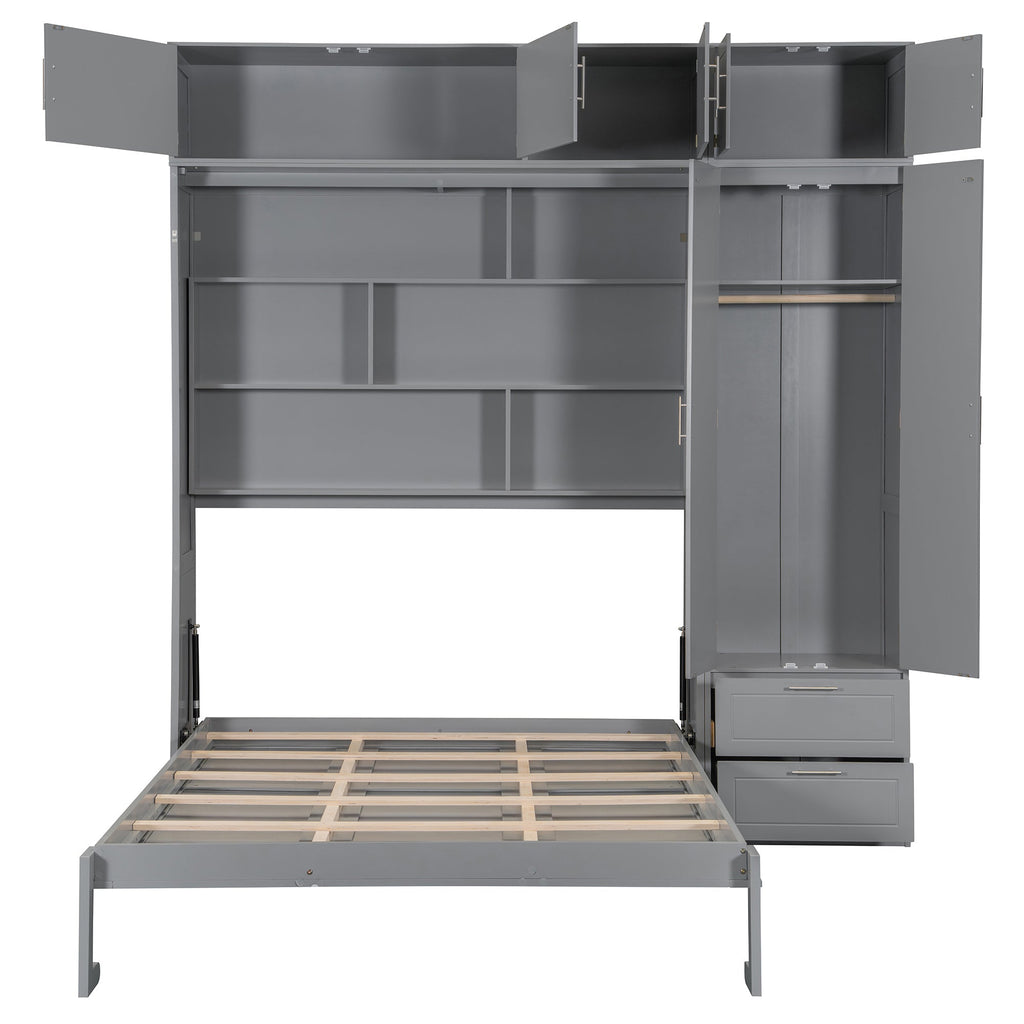 Queen Size Wall Murphy Bed with Top Cabinet, Shelves and Wardrobe,