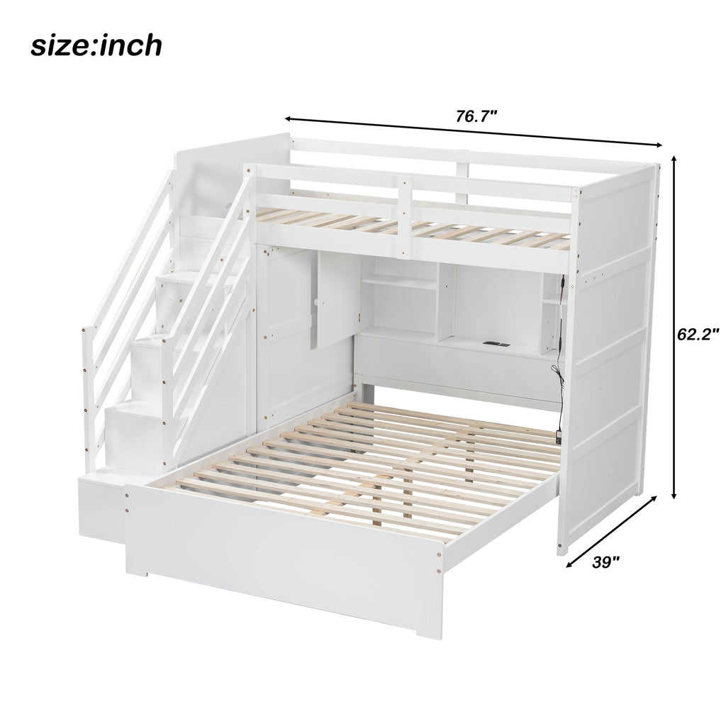 Twin over Full Bunk Bed with Storage Stairs, Wardrobe,USB and Ligh