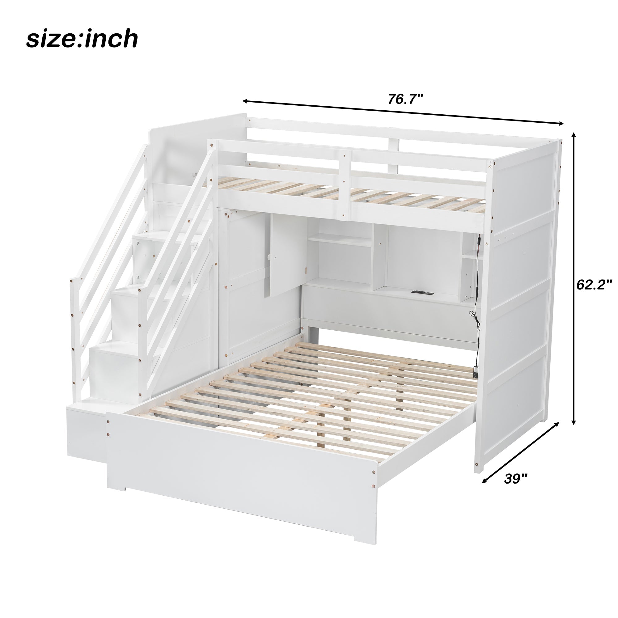 Twin over Full Bunk Bed with Storage Stairs, Wardrobe,USB and Ligh