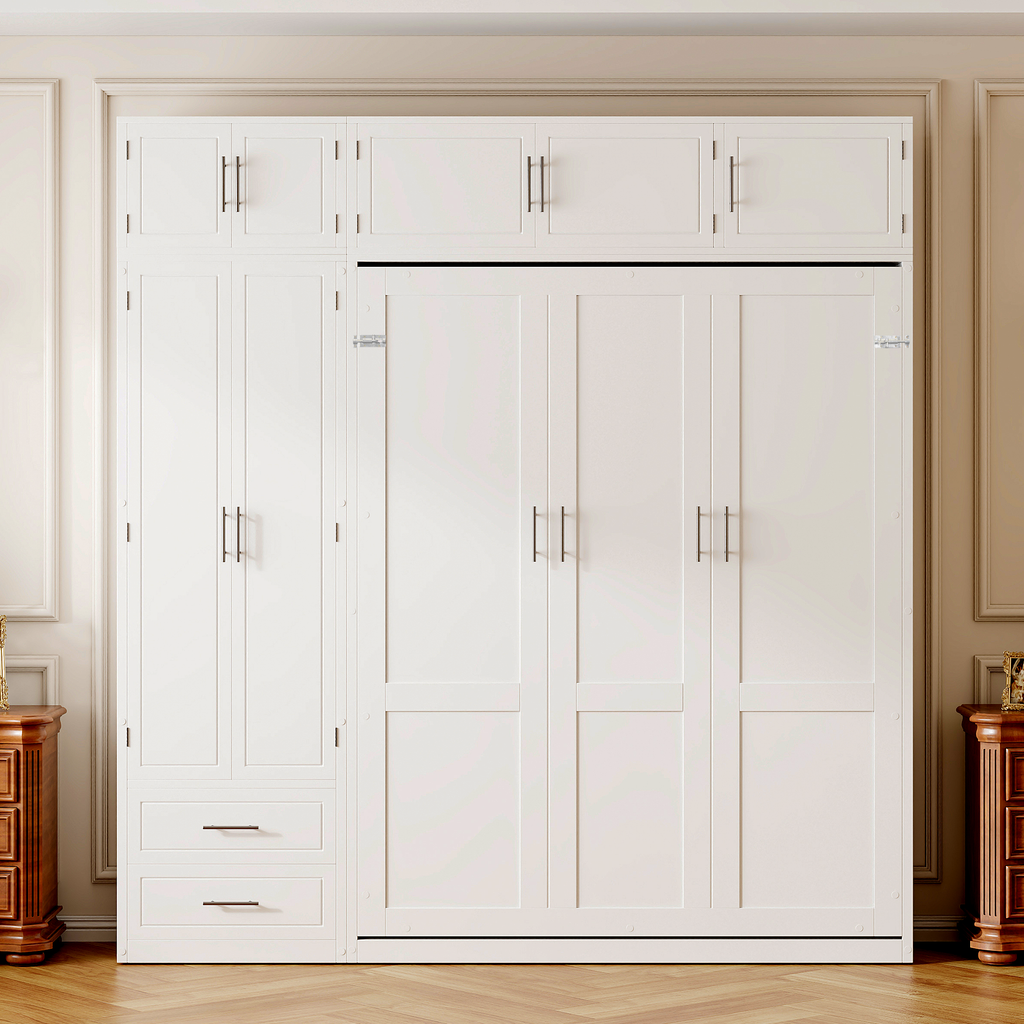 Queen Size Wall Murphy Bed with Top Cabinet, Shelves and Wardrobe,