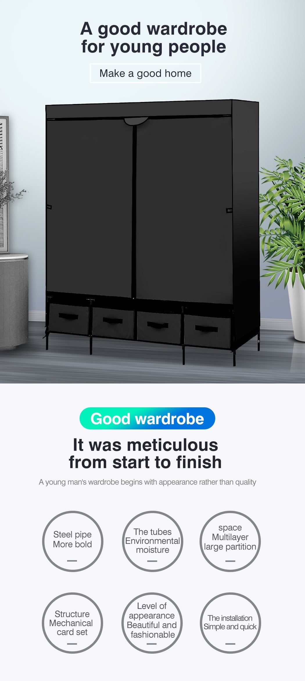 Levede Portable Wardrobe 4 Drawers Storage Cabinet Organiser With