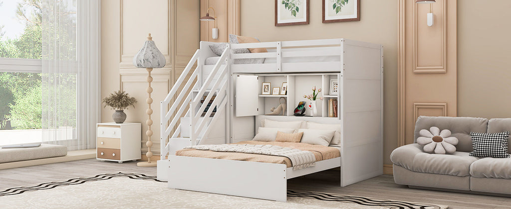 Twin over Full Bunk Bed with Storage Stairs, Wardrobe,USB and Ligh