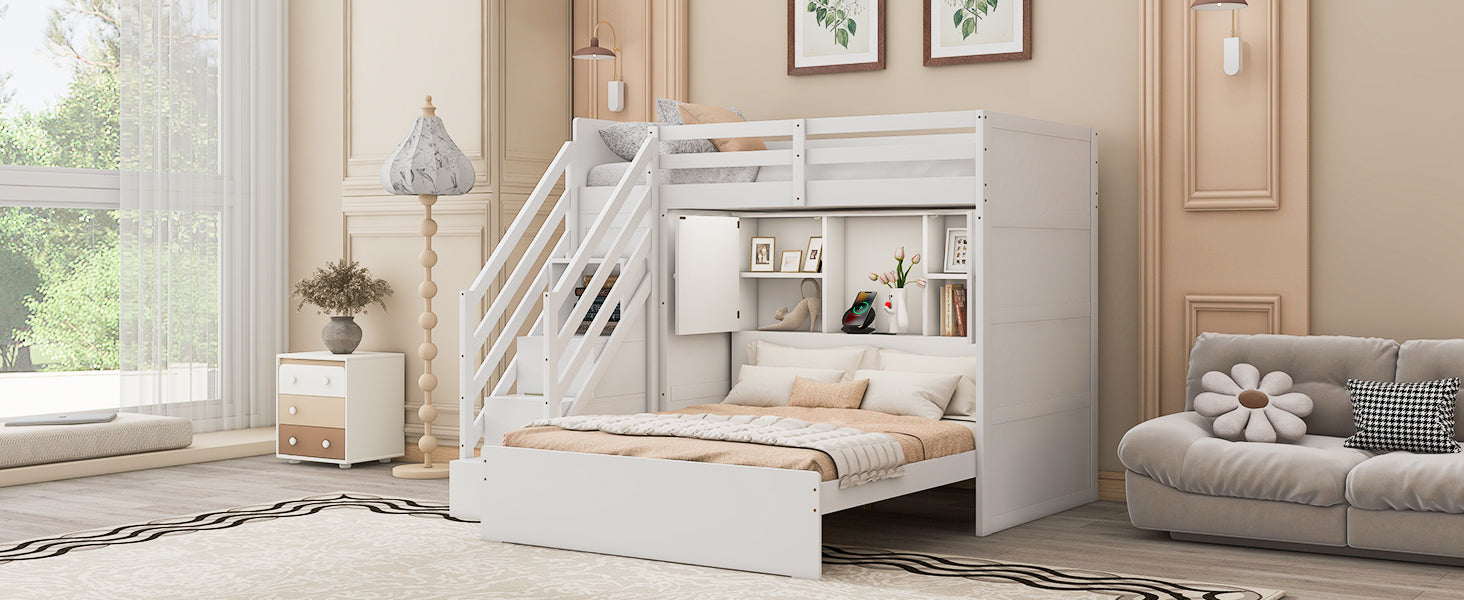 Twin over Full Bunk Bed with Storage Stairs, Wardrobe,USB and Ligh