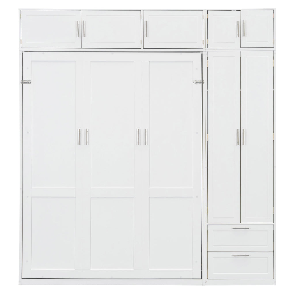 Queen Size Wall Murphy Bed with Top Cabinet, Shelves and Wardrobe,