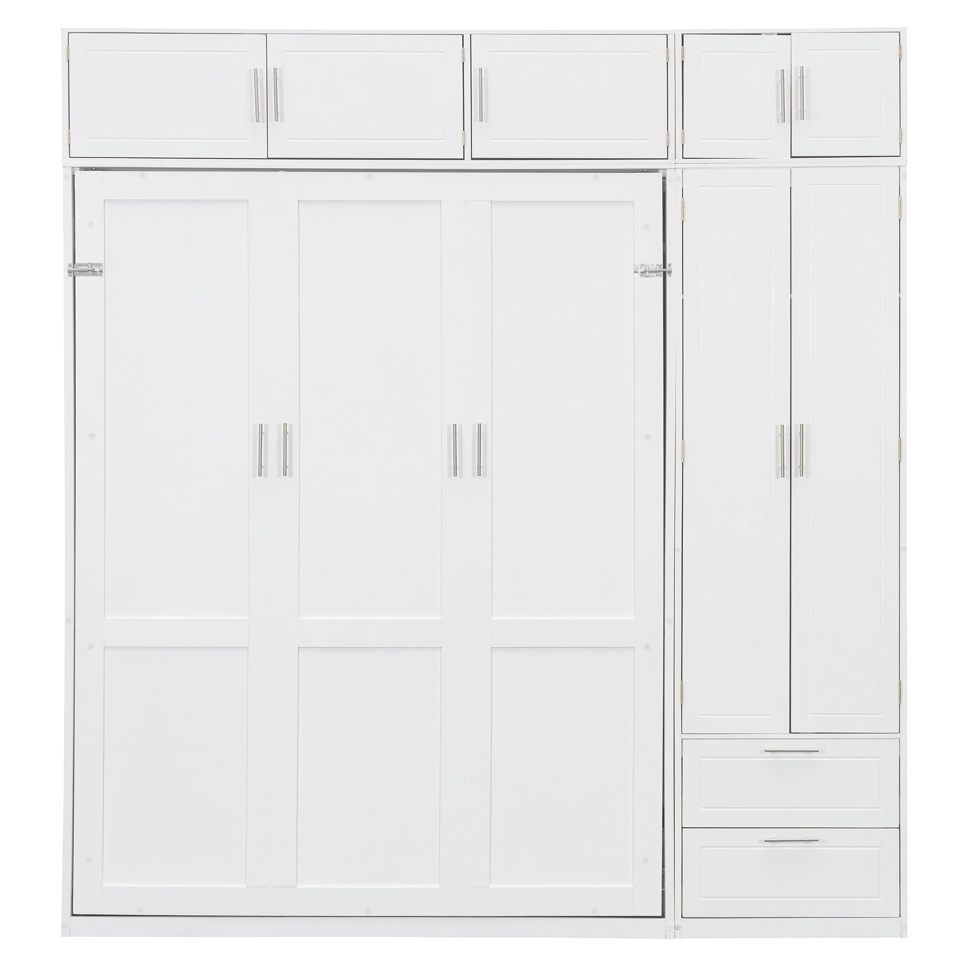 Queen Size Wall Murphy Bed with Top Cabinet, Shelves and Wardrobe,