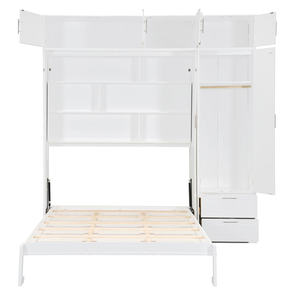 Queen Size Wall Murphy Bed with Top Cabinet, Shelves and Wardrobe,