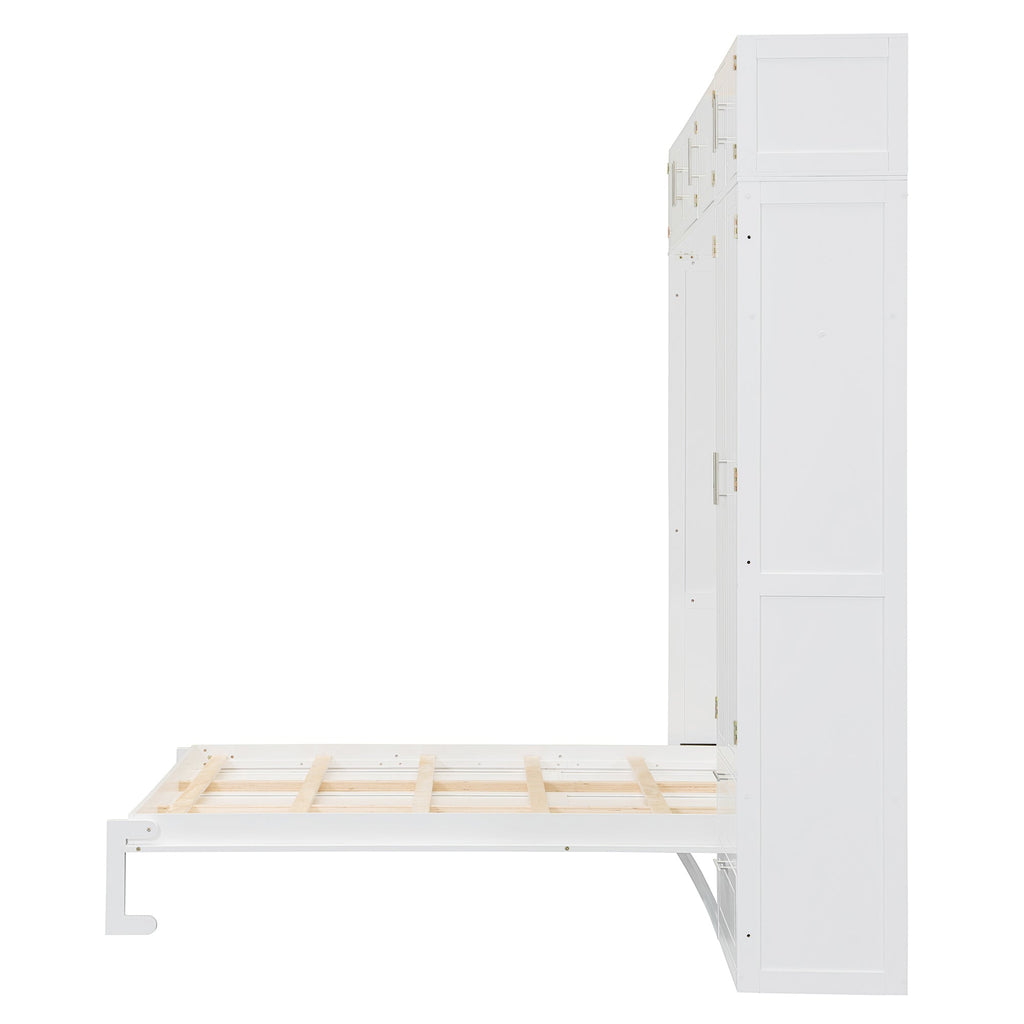 Queen Size Wall Murphy Bed with Top Cabinet, Shelves and Wardrobe,