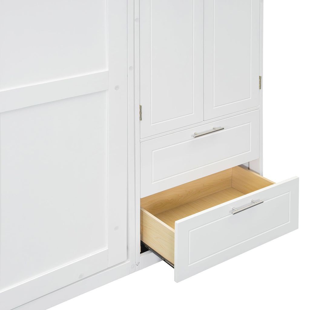 Queen Size Wall Murphy Bed with Top Cabinet, Shelves and Wardrobe,