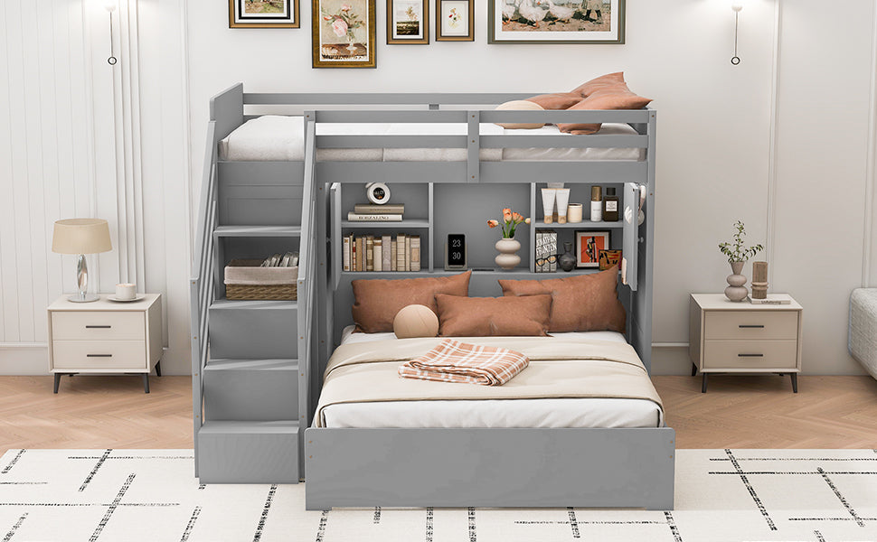 Twin over Full Bunk Bed with Storage Stairs, Wardrobe,USB and Ligh